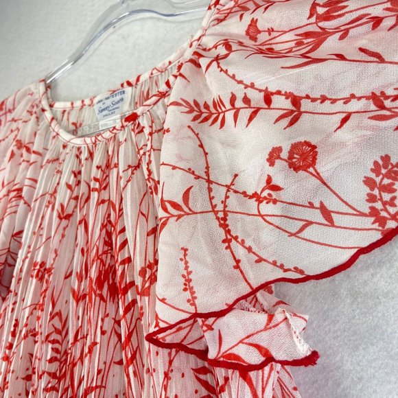 Vintage SUNNY SOUTH Womens 14 Red White Floral Flutter Sleeve Hawaiian Blouse - Picture 2 of 9